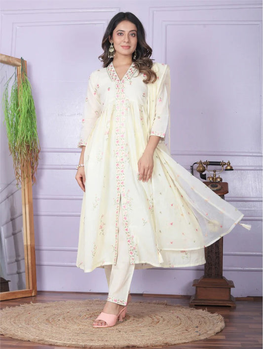 Cambric Cotton Embroidery Work Kurta Set With Bottom & Dupatta