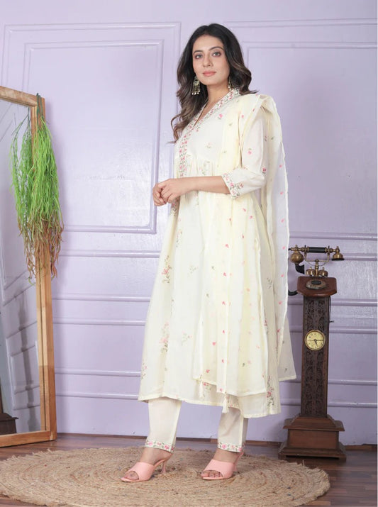 Cambric Cotton Embroidery Work Kurta Set With Bottom & Dupatta