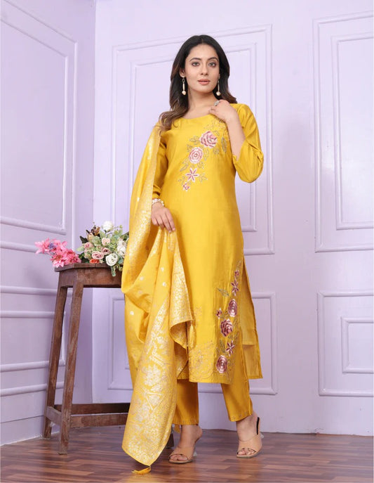 Russian Silk Yellow & Blue Kurta Set With Dupatta