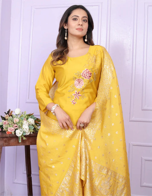 Russian Silk Yellow & Blue Kurta Set With Dupatta