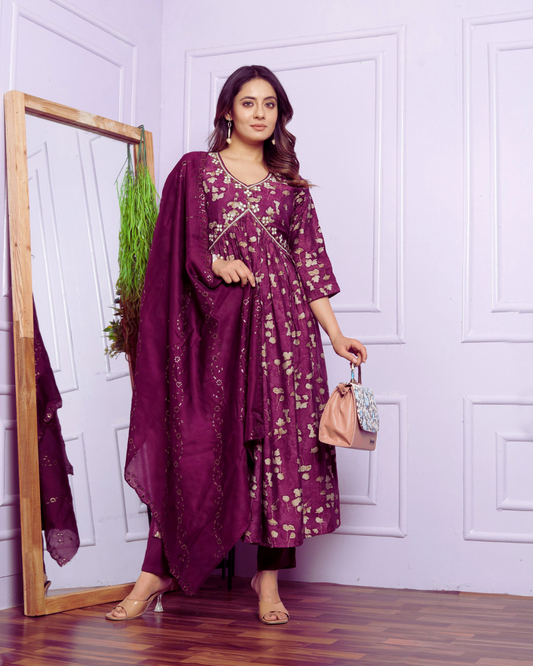 Pure Maroon Color Silk Kurti Pant Set For Bridesmaid Office Party Casual Wear