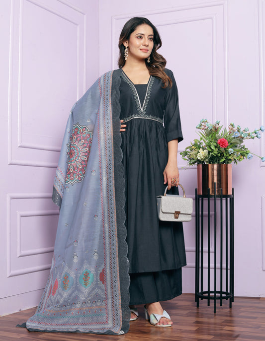 Cotton Dark Grey Silk Kurti Pant Set