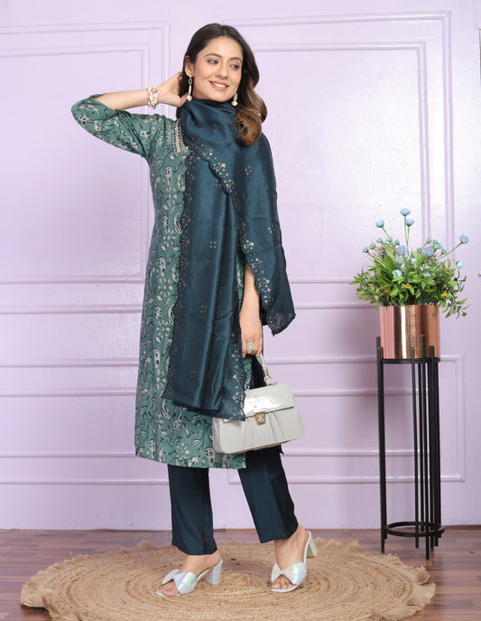 Rich Model Rama Green Color Silk Kurti Pant Set