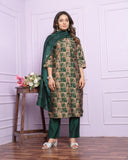 Cotton Dark Green Printed Silk Kurti Pant Set