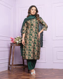 Cotton Dark Green Printed Silk Kurti Pant Set