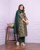 Cotton Dark Green Printed Silk Kurti Pant Set