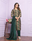 Cotton Dark Green Printed Silk Kurti Pant Set