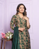 Cotton Dark Green Printed Silk Kurti Pant Set