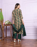 Cotton Dark Green Printed Silk Kurti Pant Set